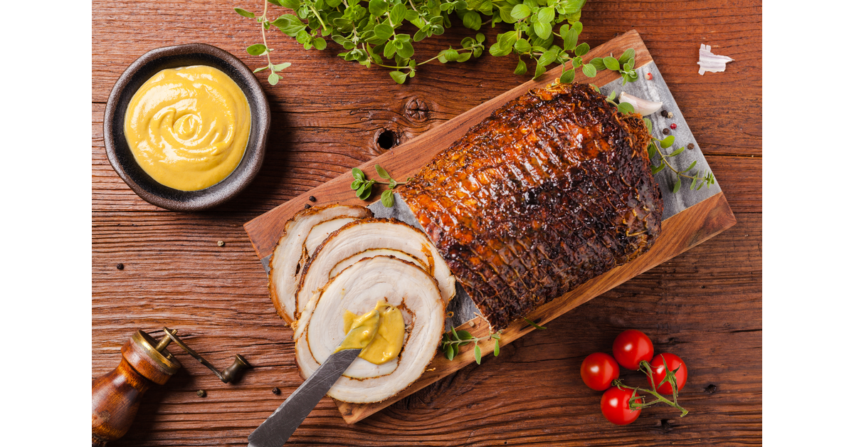 Roast Pork Belly with Mustard Cream and Apples