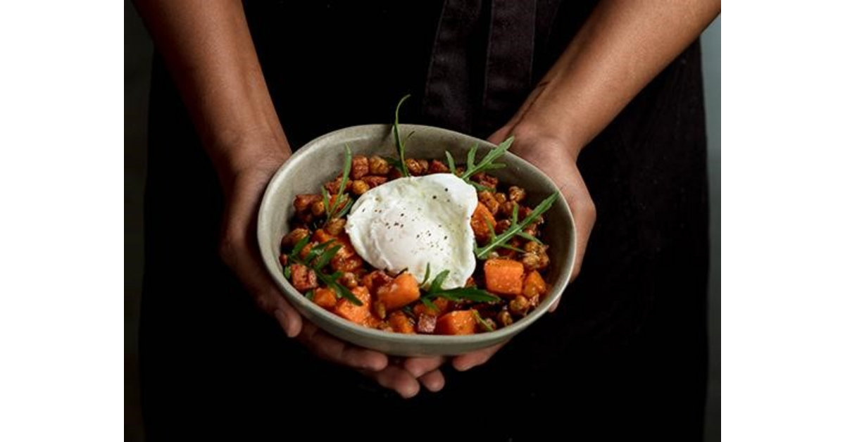 Sweet potato hash with chickpeas, chorizo and fresh herbs