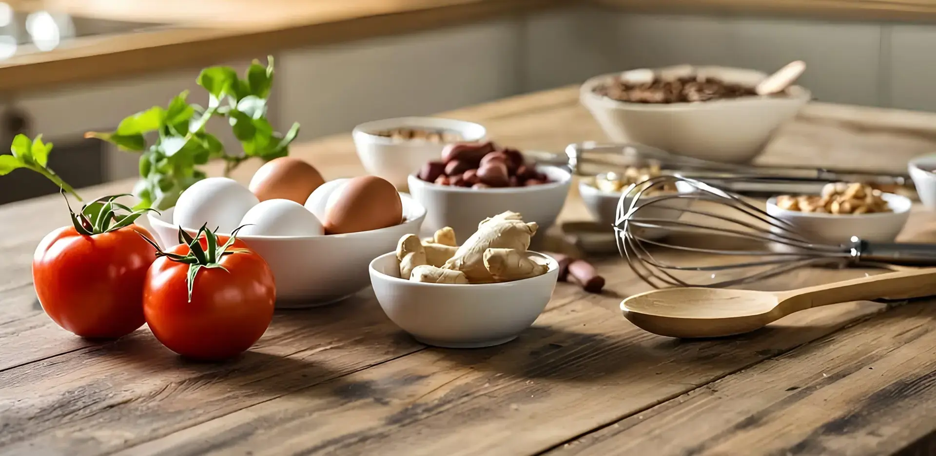 Ingredients on table with whisk