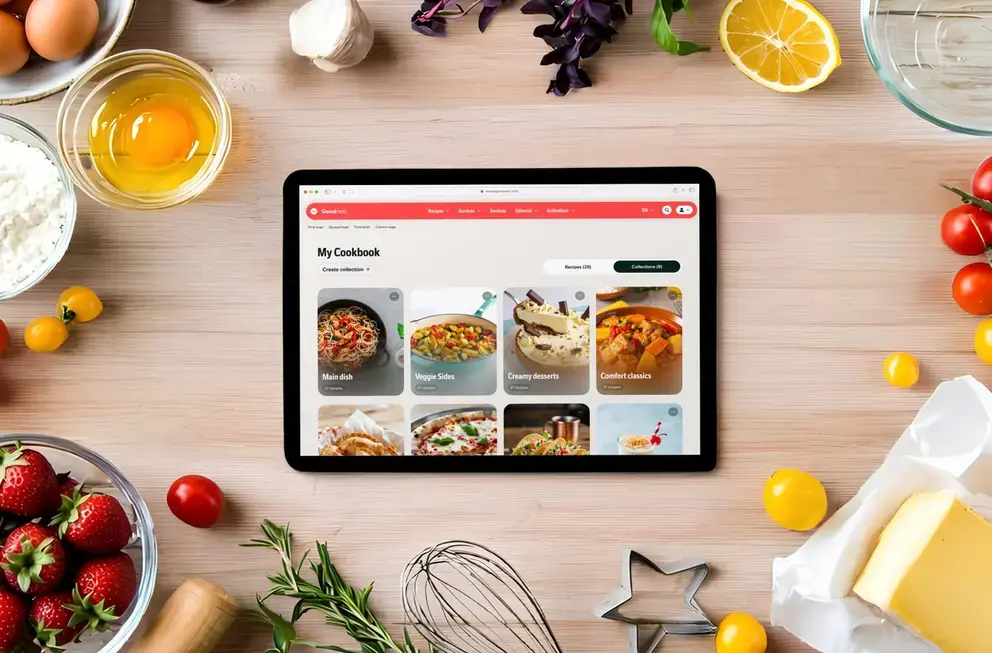 Tablet on table with ingredients around it