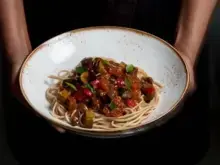 Caponata on Whole-wheat Spaghetti