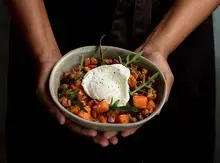 Sweet potato hash with chickpeas, chorizo and fresh herbs