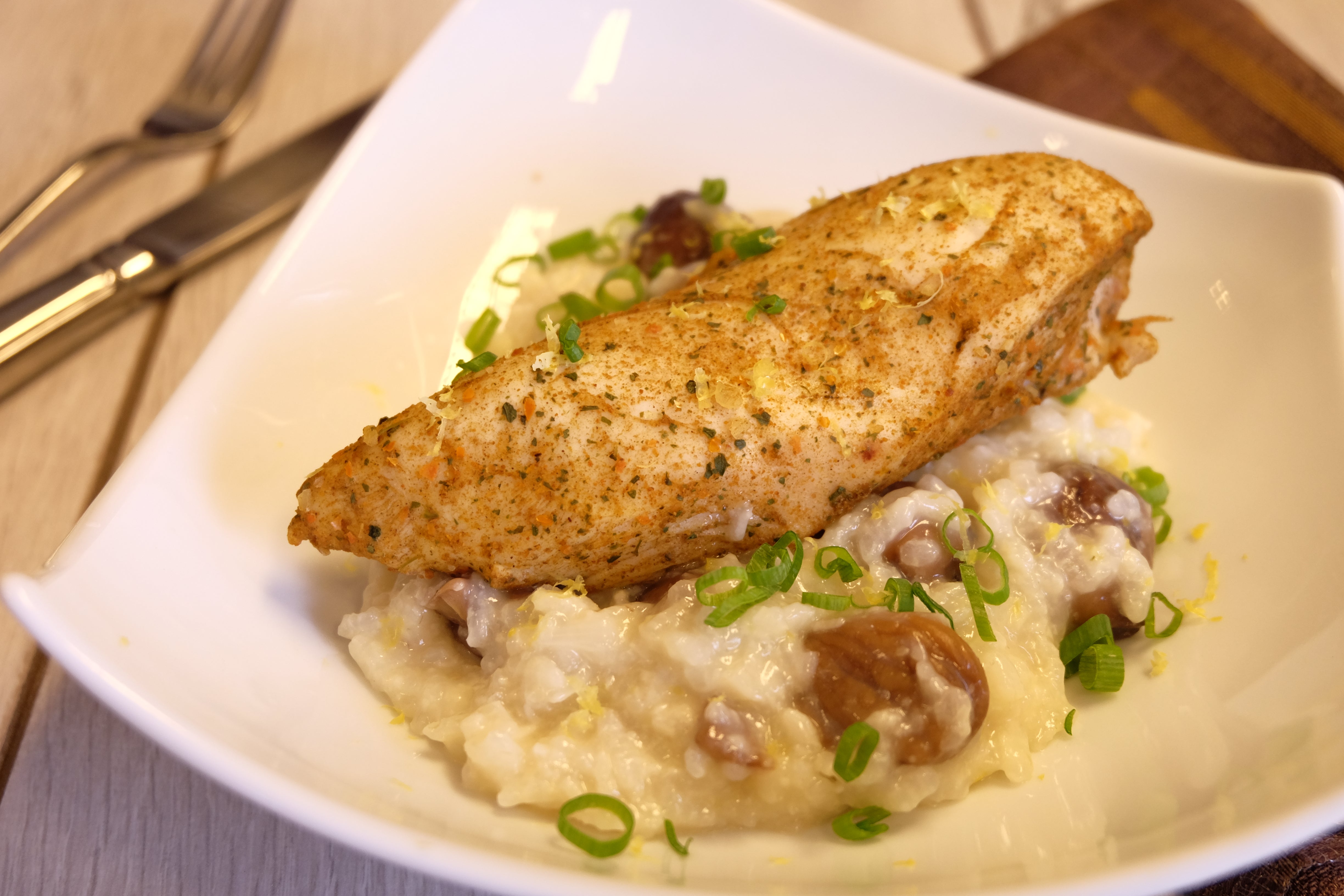Filets de volaille aux épices, risotto aux marrons de fêtes Thermomix