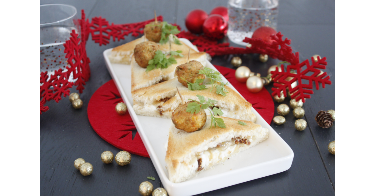 Mini croques festifs chèvre figues confits d'oignons et boulettes de légumes