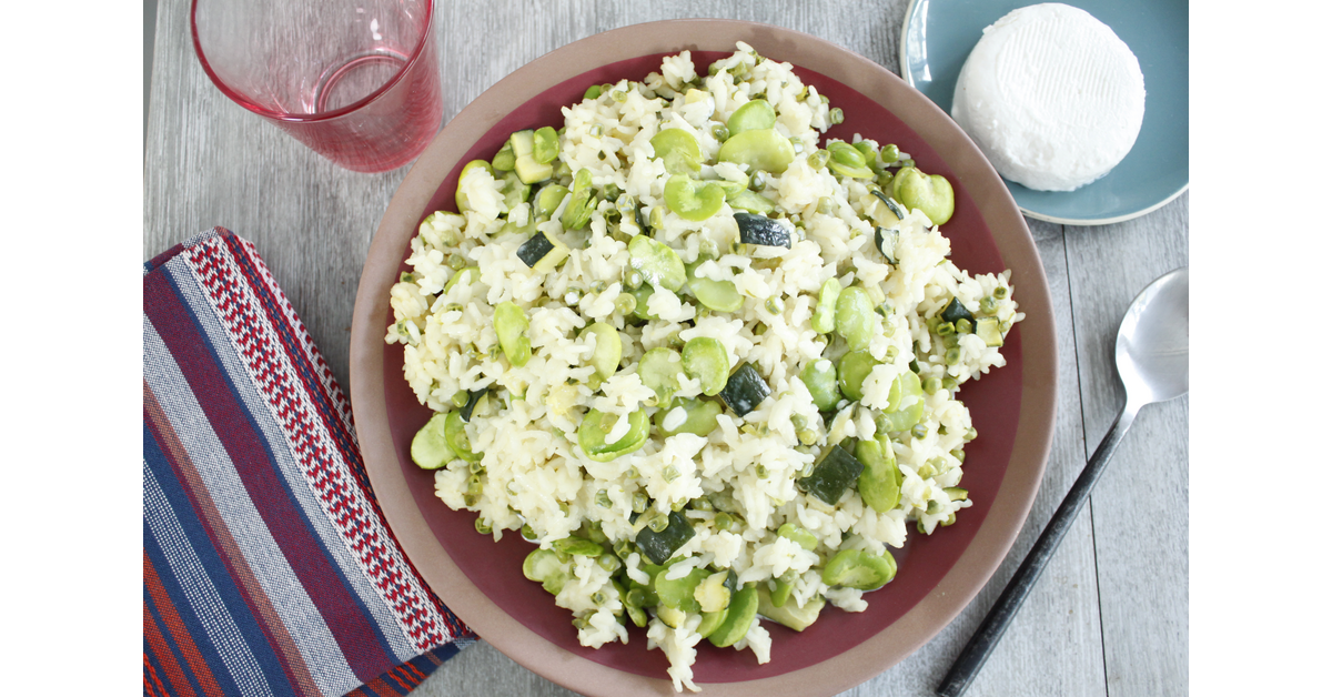 Risotto de légumes verts au fromage de chèvre frais