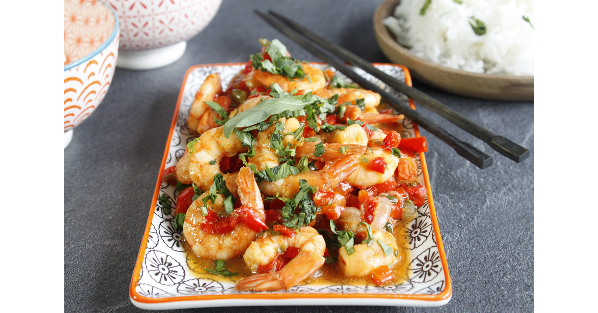Crevettes sautées aux poivrons, basilic thai et Arome