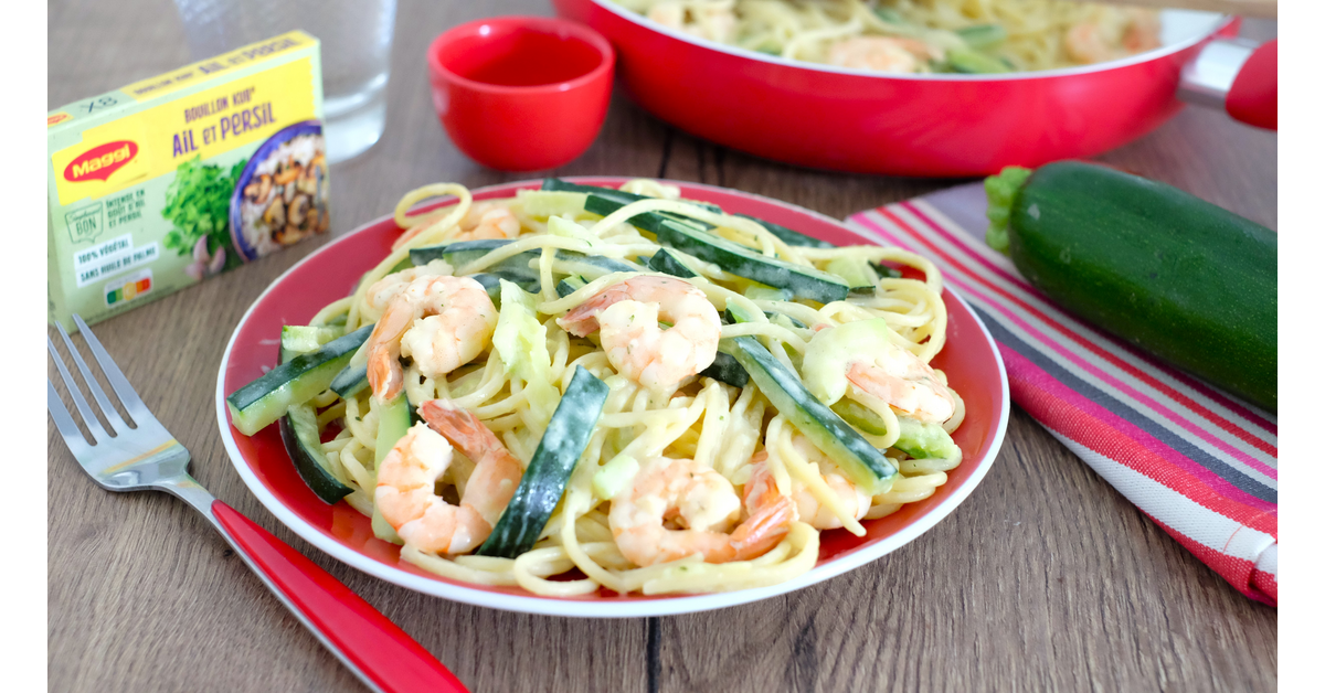 Spaghetti aux crevettes et courgette à la crème