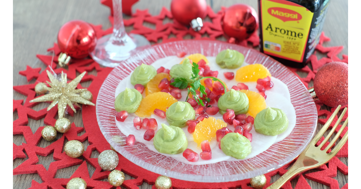 Carpaccio de radis, grenade, clémentines et crème d'avocat