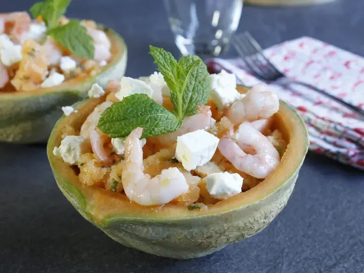 Granité de melon crevettes et feta