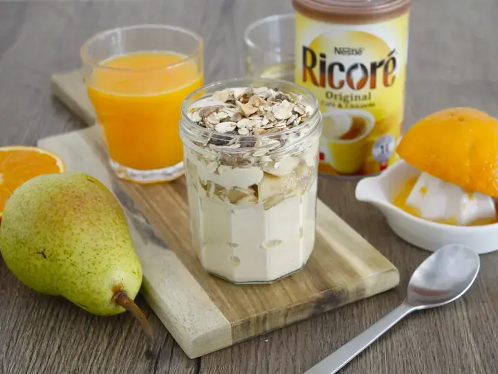Verrine skyr céréales à la Chicorée et jus d'orange pressé