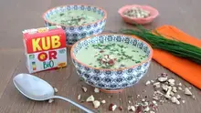 Velouté de fève au chèvre frais, ciboulette et noisettes