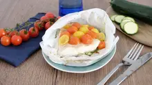 Papillotes de cabillaud à la courgette et aux tomates cerises