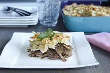 Gratin de farfalle, confit de canard figue