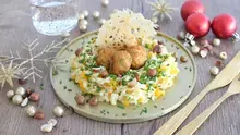 Risotto de butternut, tuile au parmesan et boulettes aux légumes