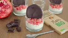 Verrines fromage grenade et chocolat croquant