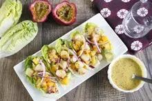 Sucrines aux pétoncles, mangue et coulis passion